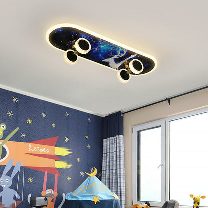 Contemporary Creative Kids Iron Acrylic Elliptical Skateboard LED Flush Mount Ceiling Light for Bedroom