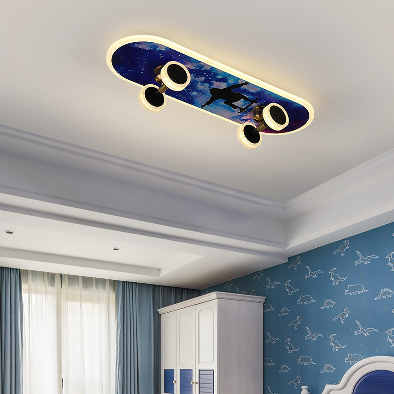 Contemporary Creative Kids Iron Acrylic Elliptical Skateboard LED Flush Mount Ceiling Light for Bedroom
