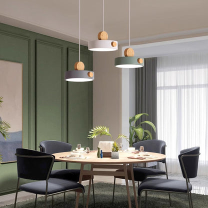 Contemporary Scandinavian Metal Rubber Wood Acrylic Round LED Pendant Light For Dining Room