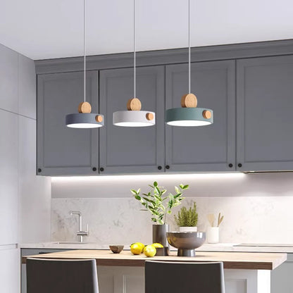 Contemporary Scandinavian Metal Rubber Wood Acrylic Round LED Pendant Light For Dining Room