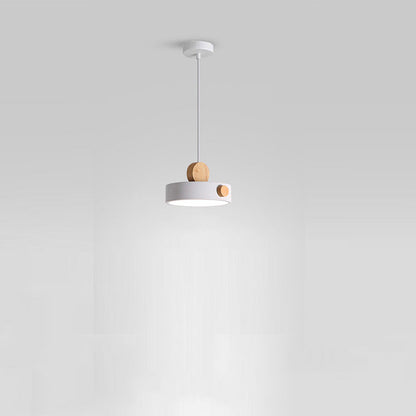 Contemporary Scandinavian Metal Rubber Wood Acrylic Round LED Pendant Light For Dining Room