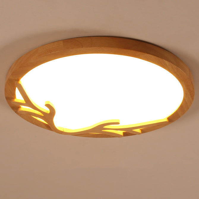 Traditional Rustic Metal Rubber Wood Acrylic Round Deer Horn LED Flush Mount Ceiling Light For Bedroom Lumendat