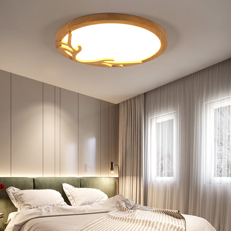 Traditional Rustic Metal Rubber Wood Acrylic Round Deer Horn LED Flush Mount Ceiling Light For Bedroom Lumendat