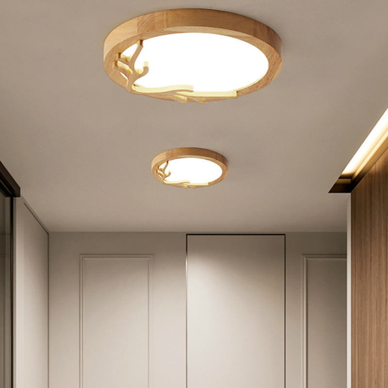 Traditional Rustic Metal Rubber Wood Acrylic Round Deer Horn LED Flush Mount Ceiling Light For Bedroom Lumendat