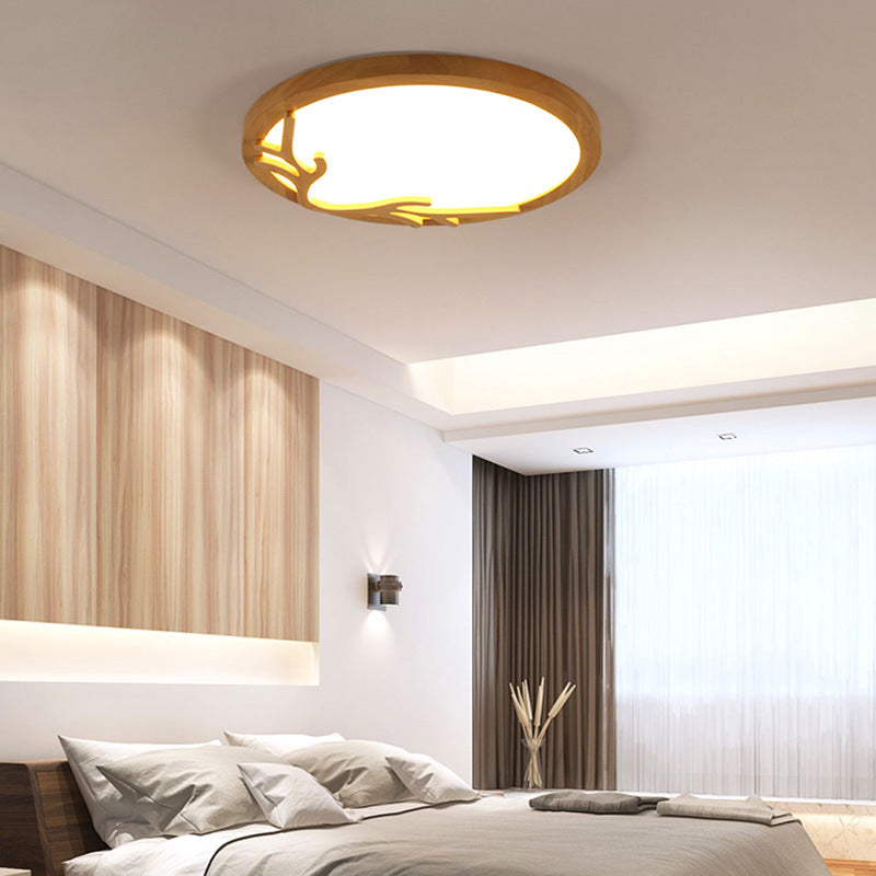 Traditional Rustic Metal Rubber Wood Acrylic Round Deer Horn LED Flush Mount Ceiling Light For Bedroom Lumendat