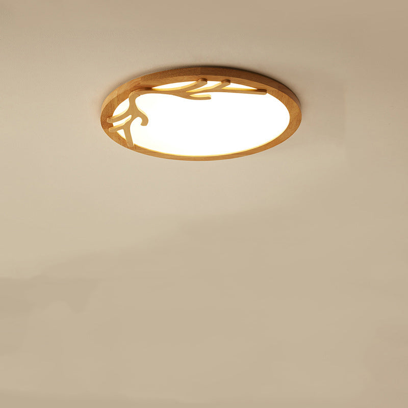 Traditional Rustic Metal Rubber Wood Acrylic Round Deer Horn LED Flush Mount Ceiling Light For Bedroom Lumendat
