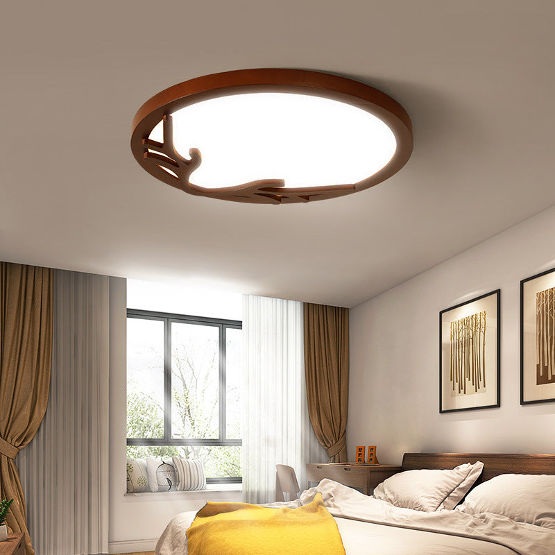 Traditional Rustic Metal Rubber Wood Acrylic Round Deer Horn LED Flush Mount Ceiling Light For Bedroom Lumendat
