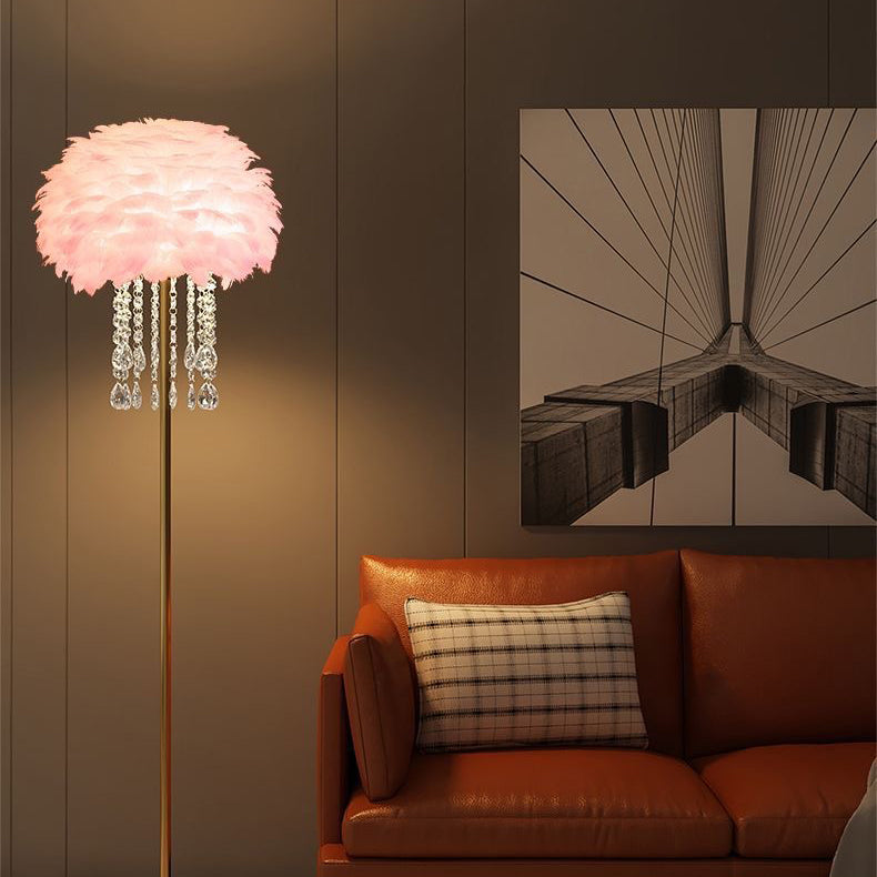 Contemporary Nordic Iron Feather Crystal Oval 1-Light Standing Floor Lamp For Living Room Lumendat