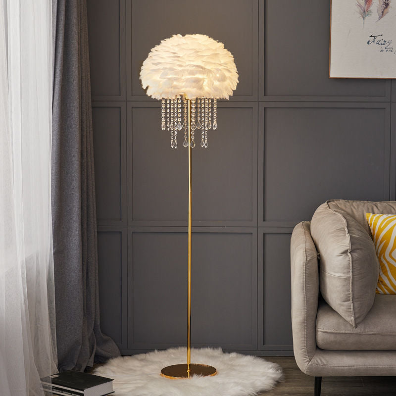Contemporary Nordic Iron Feather Crystal Oval 1-Light Standing Floor Lamp For Living Room Lumendat