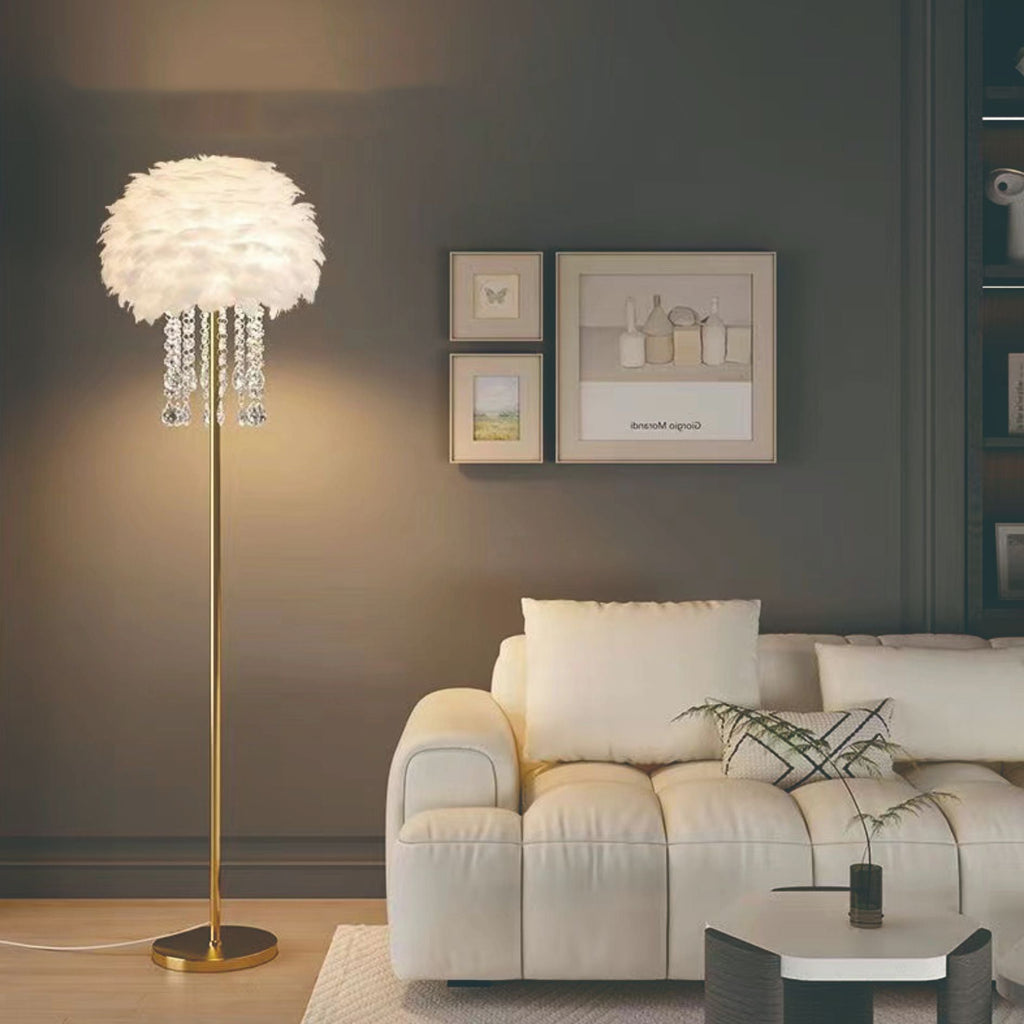 Contemporary Nordic Iron Feather Crystal Oval 1-Light Standing Floor Lamp For Living Room Lumendat