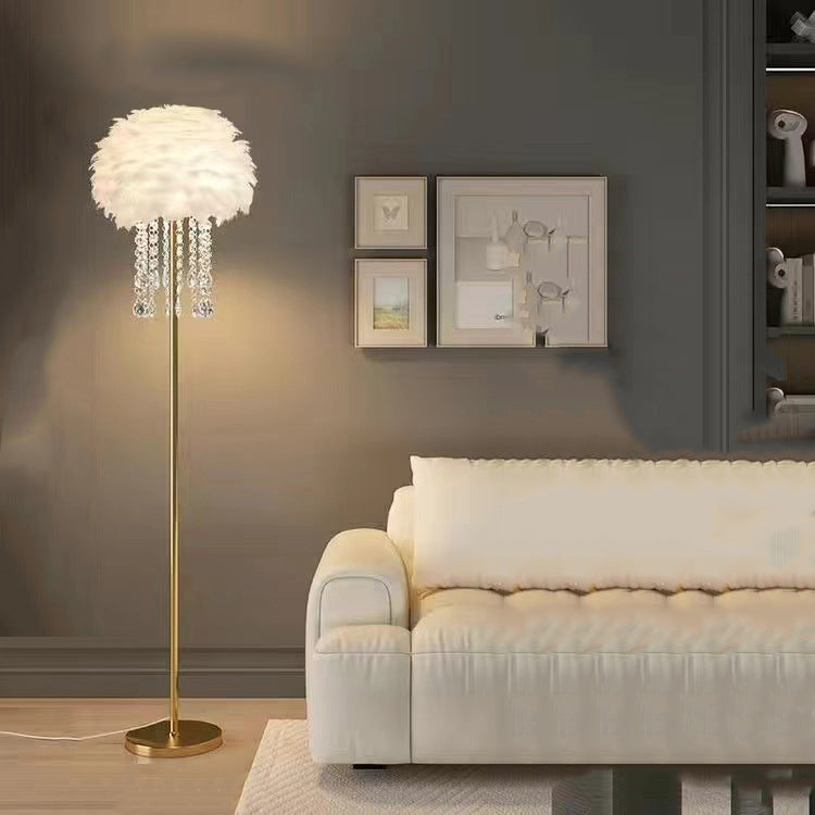 Contemporary Nordic Iron Feather Crystal Oval 1-Light Standing Floor Lamp For Living Room Lumendat