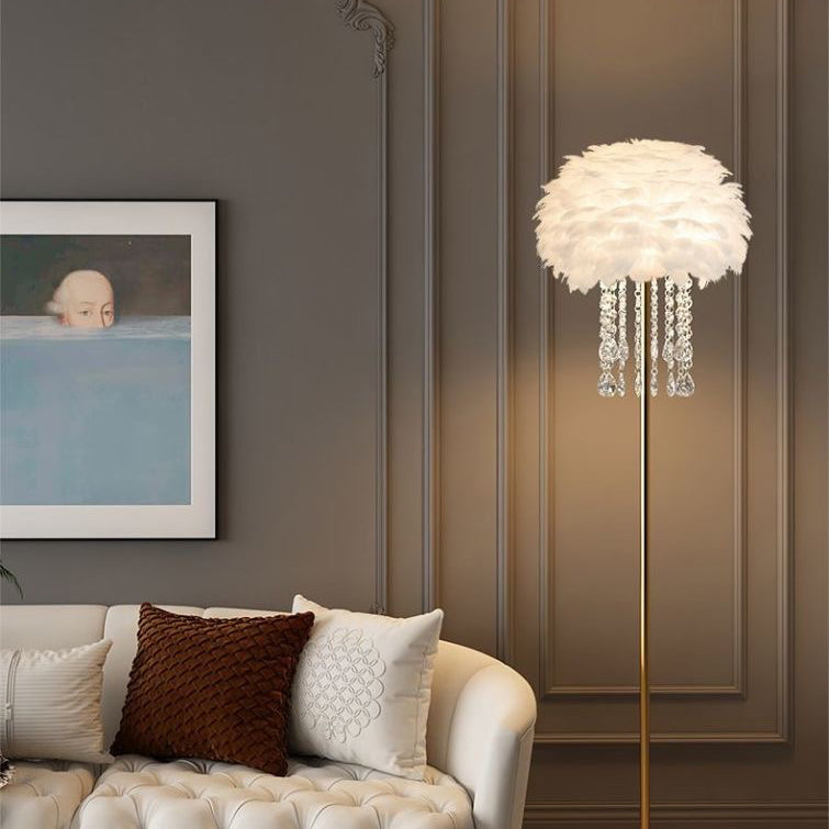 Contemporary Nordic Iron Feather Crystal Oval 1-Light Standing Floor Lamp For Living Room Lumendat