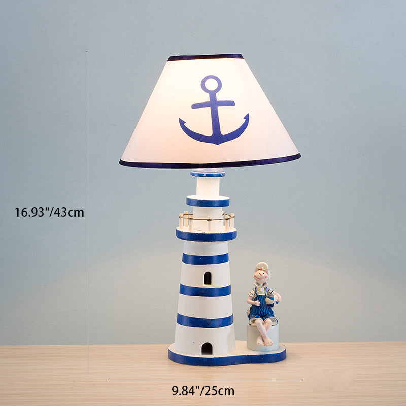 Contemporary Coastal Wood Fabric Kids Conic Lighthouse 1-Light Table Lamp For Bedroom Lumendat