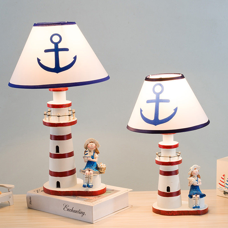 Contemporary Coastal Wood Fabric Kids Conic Lighthouse 1-Light Table Lamp For Bedroom Lumendat