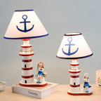 Contemporary Coastal Wood Fabric Kids Conic Lighthouse 1-Light Table Lamp For Bedroom Lumendat