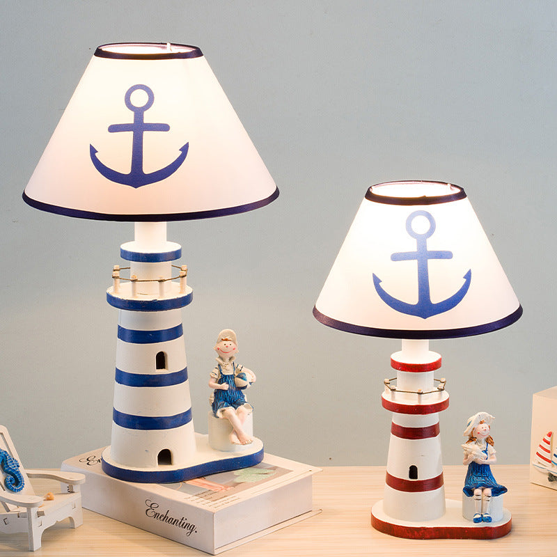 Contemporary Coastal Wood Fabric Kids Conic Lighthouse 1-Light Table Lamp For Bedroom Lumendat