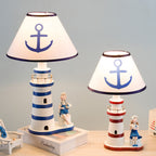 Contemporary Coastal Wood Fabric Kids Conic Lighthouse 1-Light Table Lamp For Bedroom Lumendat