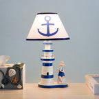 Contemporary Coastal Wood Fabric Kids Conic Lighthouse 1-Light Table Lamp For Bedroom Lumendat