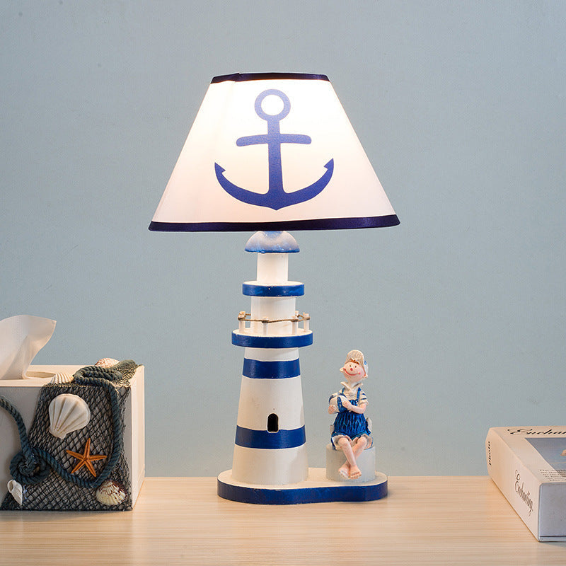 Contemporary Coastal Wood Fabric Kids Conic Lighthouse 1-Light Table Lamp For Bedroom Lumendat