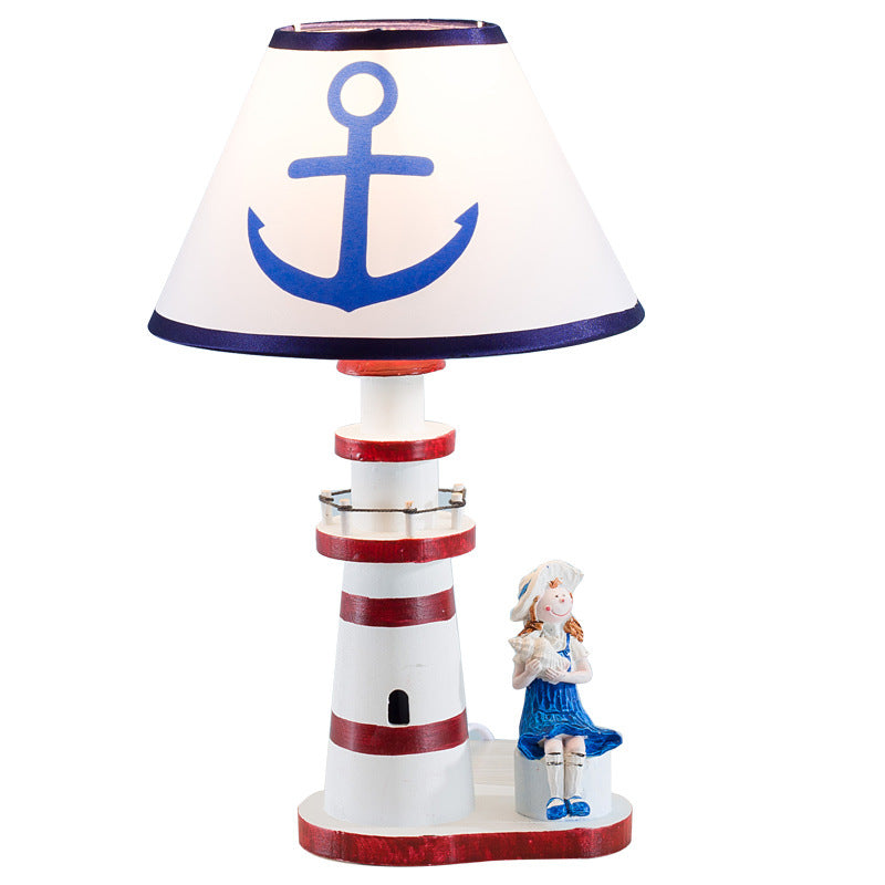 Contemporary Coastal Wood Fabric Kids Conic Lighthouse 1-Light Table Lamp For Bedroom Lumendat