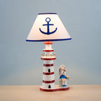 Contemporary Coastal Wood Fabric Kids Conic Lighthouse 1-Light Table Lamp For Bedroom Lumendat