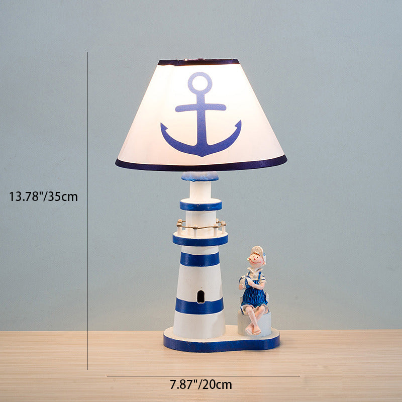 Contemporary Coastal Wood Fabric Kids Conic Lighthouse 1-Light Table Lamp For Bedroom Lumendat