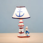 Contemporary Coastal Wood Fabric Kids Conic Lighthouse 1-Light Table Lamp For Bedroom Lumendat