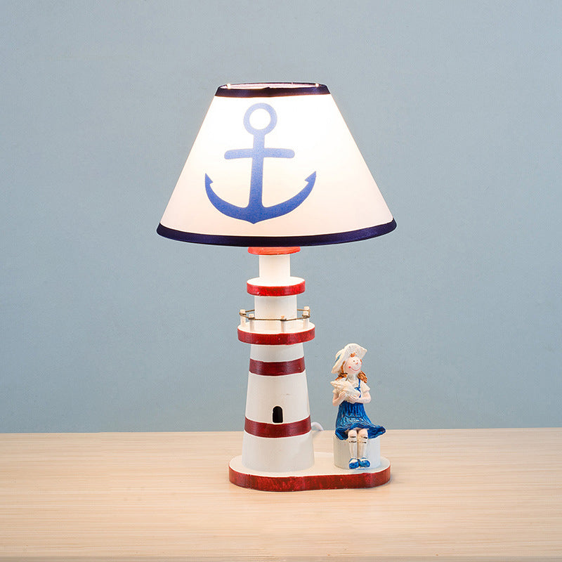 Contemporary Coastal Wood Fabric Kids Conic Lighthouse 1-Light Table Lamp For Bedroom Lumendat