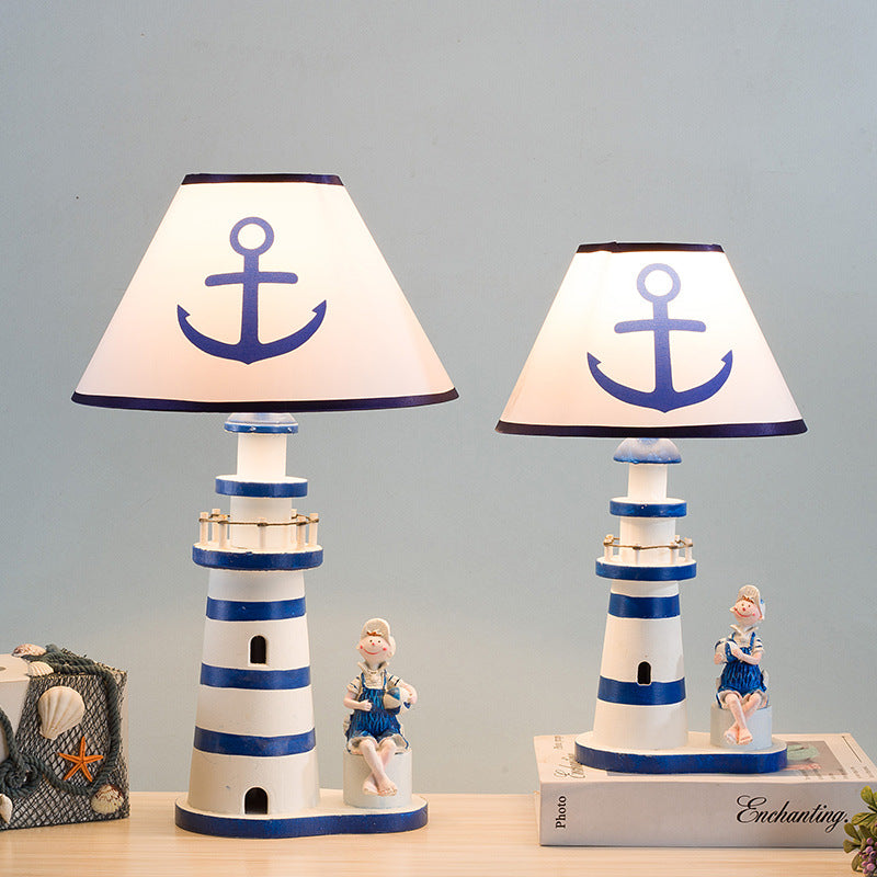 Contemporary Coastal Wood Fabric Kids Conic Lighthouse 1-Light Table Lamp For Bedroom Lumendat