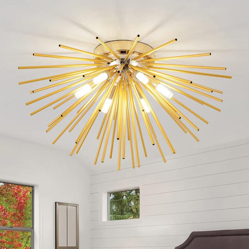 Contemporary Nordic Stainless Steel Metal Firework Lines 6-light Semi-flush Mount Ceiling Light for Living Room