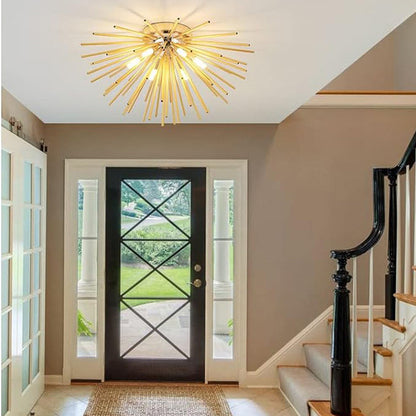 Contemporary Nordic Stainless Steel Metal Firework Lines 6-light Semi-flush Mount Ceiling Light for Living Room