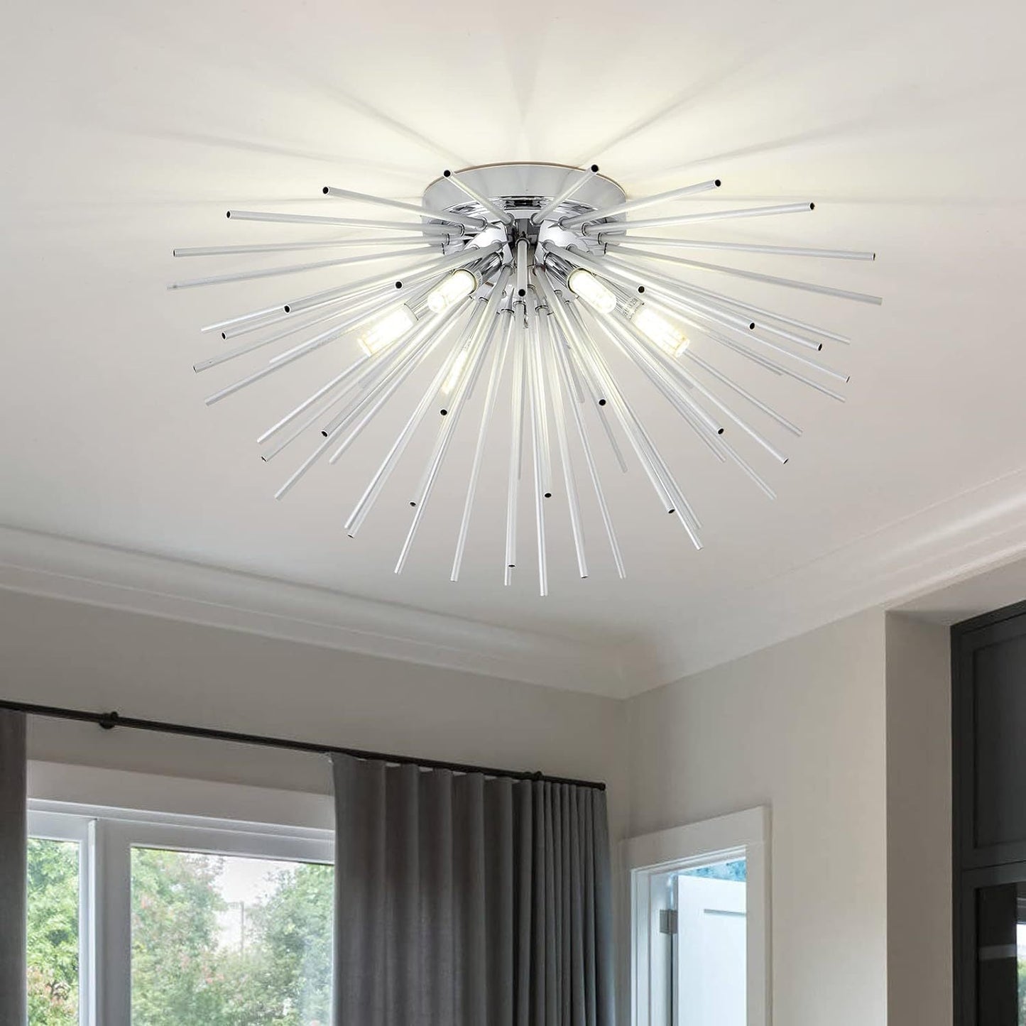 Contemporary Nordic Stainless Steel Metal Firework Lines 6-light Semi-flush Mount Ceiling Light for Living Room