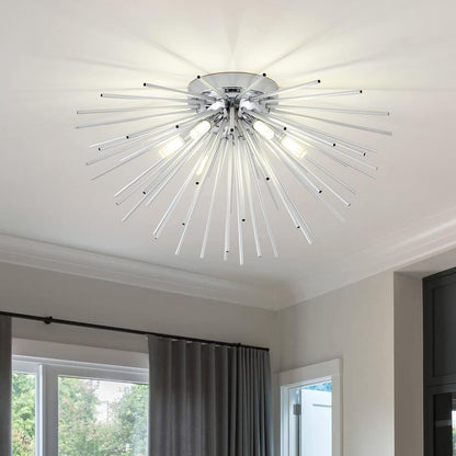 Contemporary Nordic Stainless Steel Metal Firework Lines 6-light Semi-flush Mount Ceiling Light for Living Room
