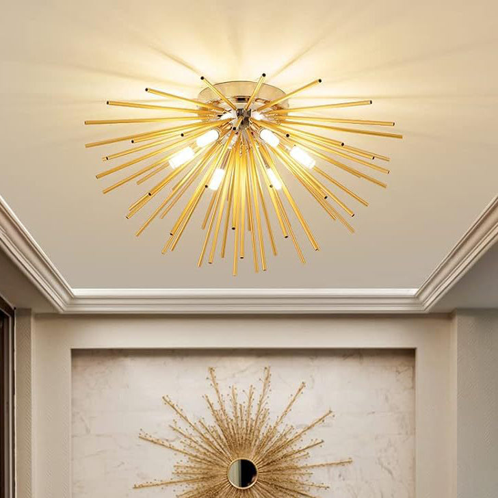 Contemporary Nordic Stainless Steel Metal Firework Lines 6-light Semi-flush Mount Ceiling Light for Living Room