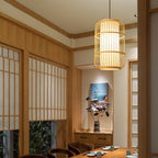 Traditional Chinese Weaving Bamboo Parchment Cylinder Leaf 1-Light Pendant Light For Dining Room