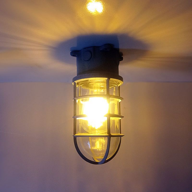 Contemporary Industrial Waterproof Aluminum Alloy Glass Cylinder Cage 1-Light Semi-Flush Mount Ceiling Light For Outdoor Patio Lumendat