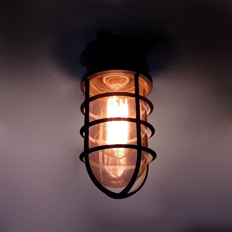 Contemporary Industrial Waterproof Aluminum Alloy Glass Cylinder Cage 1-Light Semi-Flush Mount Ceiling Light For Outdoor Patio Lumendat
