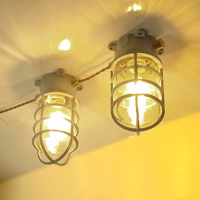 Contemporary Industrial Waterproof Aluminum Alloy Glass Cylinder Cage 1-Light Semi-Flush Mount Ceiling Light For Outdoor Patio Lumendat