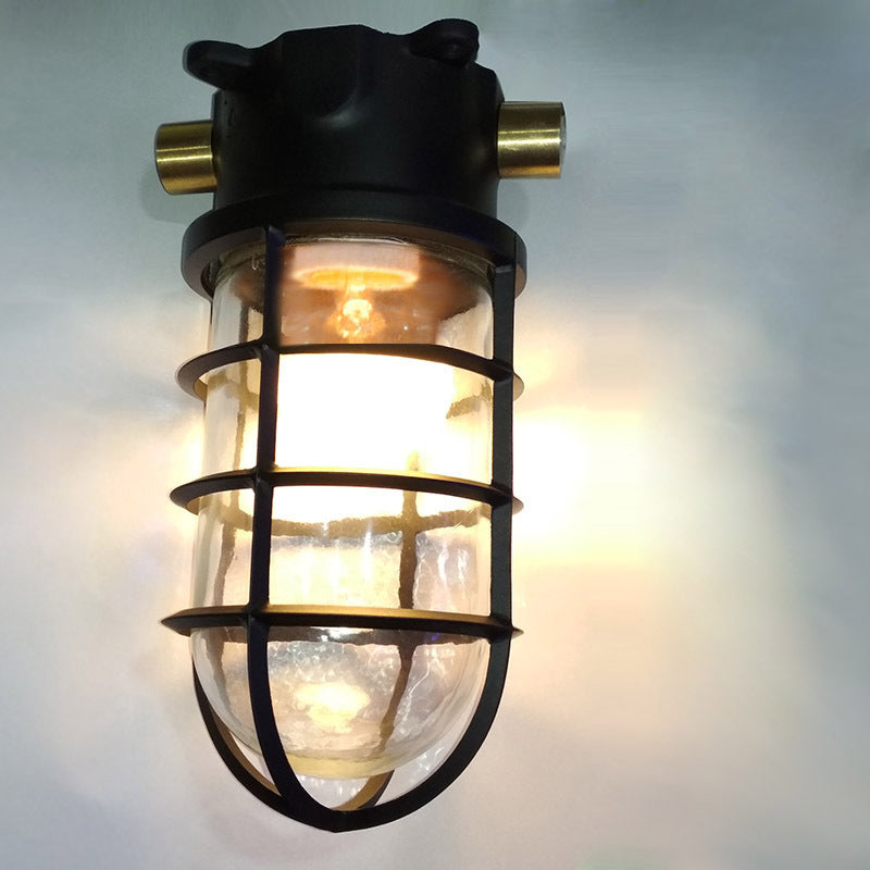 Contemporary Industrial Waterproof Aluminum Alloy Glass Cylinder Cage 1-Light Semi-Flush Mount Ceiling Light For Outdoor Patio Lumendat