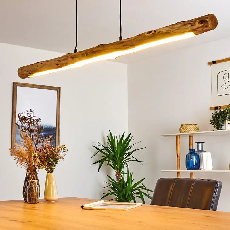 Traditional Farmhouse Wood Acrylic Strip LED Chandeliers Island Light for Dining Room Lumendat