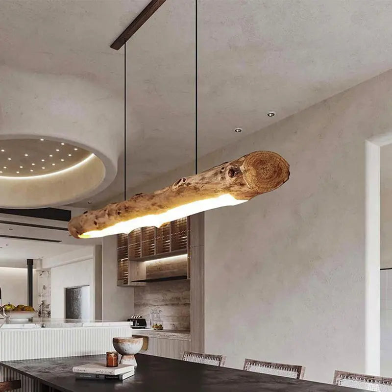 Traditional Farmhouse Wood Acrylic Strip LED Chandeliers Island Light for Dining Room Lumendat
