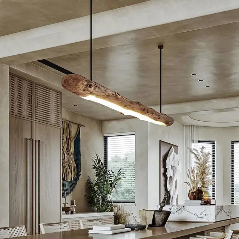 Traditional Farmhouse Wood Acrylic Strip LED Chandeliers Island Light for Dining Room Lumendat