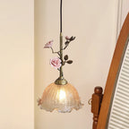 Contemporary Retro Brass Glass Ceramic Flower Dome 1-Light Pendant Light For Dining Room