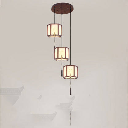 Traditional Chinese Oak Zinc Alloy Acrylic Cylinder Pattern 1/3/6 Light Pendant Light For Dining Room