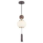 Traditional Chinese Oak Zinc Alloy Glass Lantern Round LED Pendant Light For Dining Room