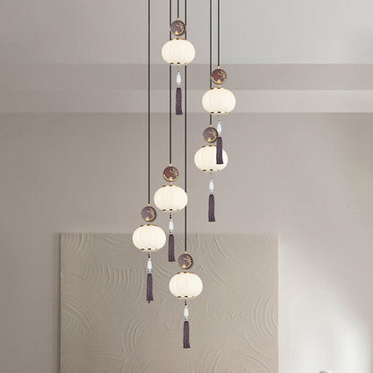 Traditional Chinese Oak Zinc Alloy Glass Lantern Round LED Pendant Light For Dining Room