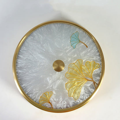 Traditional Chinese Brass Iron Glass Round Lotus Bamboo Leaf Ginkgo Biloba Painting Crackle LED Flush Mount Ceiling Light For Bedroom