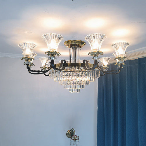 Modern Luxury Iron Crystal Horn Cylinder 3/6/8/10/12 Light Semi-Flush Mount Ceiling Light For Living Room