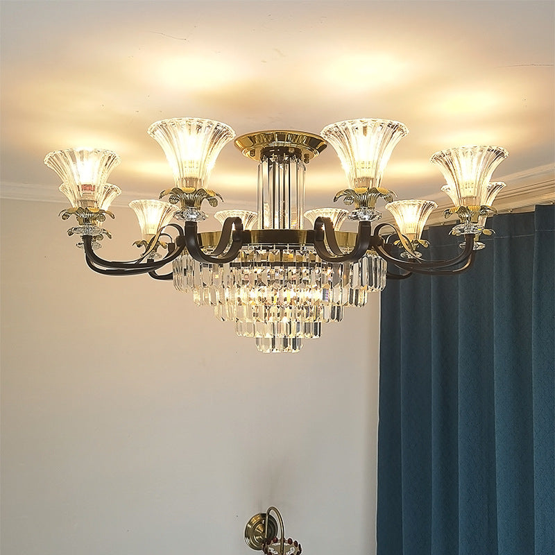 Modern Luxury Iron Crystal Horn Cylinder 3/6/8/10/12 Light Semi-Flush Mount Ceiling Light For Living Room