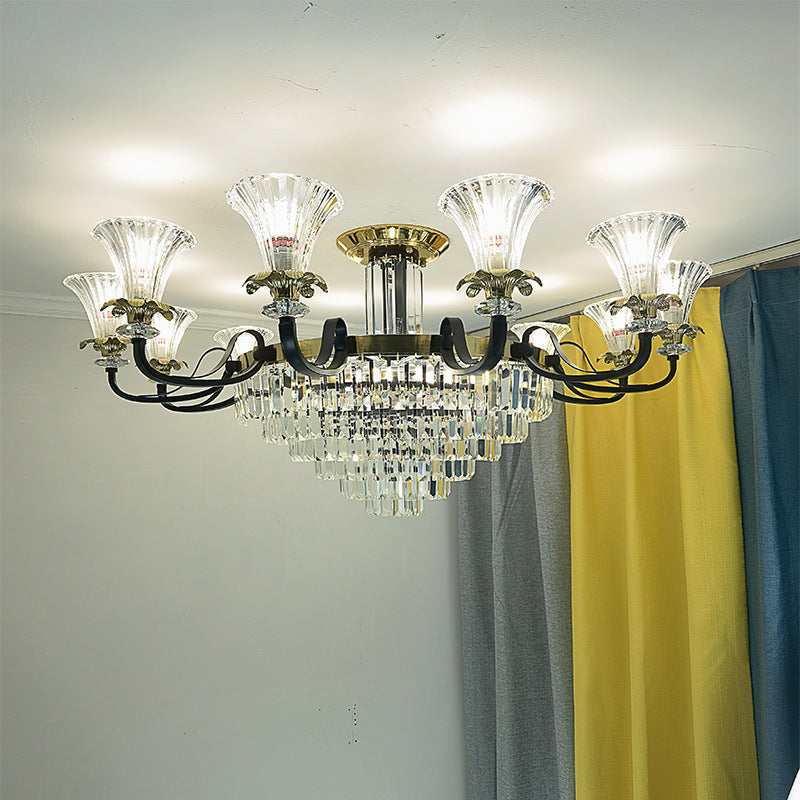 Modern Luxury Iron Crystal Horn Cylinder 3/6/8/10/12 Light Semi-Flush Mount Ceiling Light For Living Room